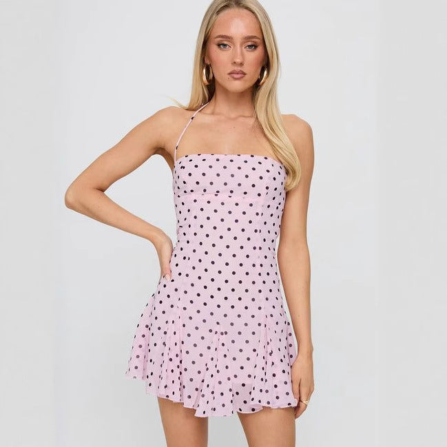 Sexy Backless Polka Dot Sleeveless Tie-Waist Fitted Dress for Women