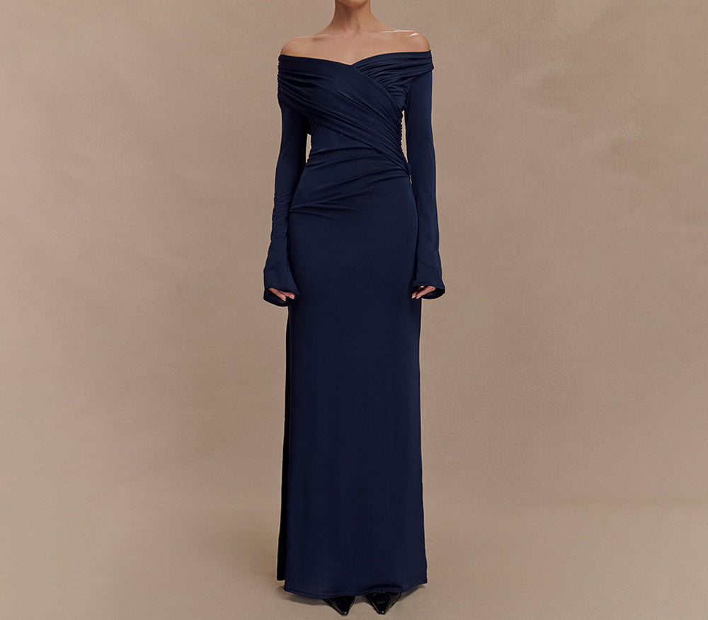 Fashionable Shirred Popular Bodycon Dress Elegant Women's Foreign Trade INS Long Dress Sexy V-Neck New Arrival