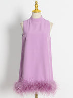 Ostrich Feather A-Line Dress Unique Design Stand Collar Sleeveless Solid Color Dress
