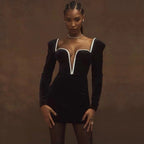 Winter Black Long Sleeve Deep V Neck Club Mini Dress Sexy Women Luxury Diamonds Celebrity Party Bodycon Dresses