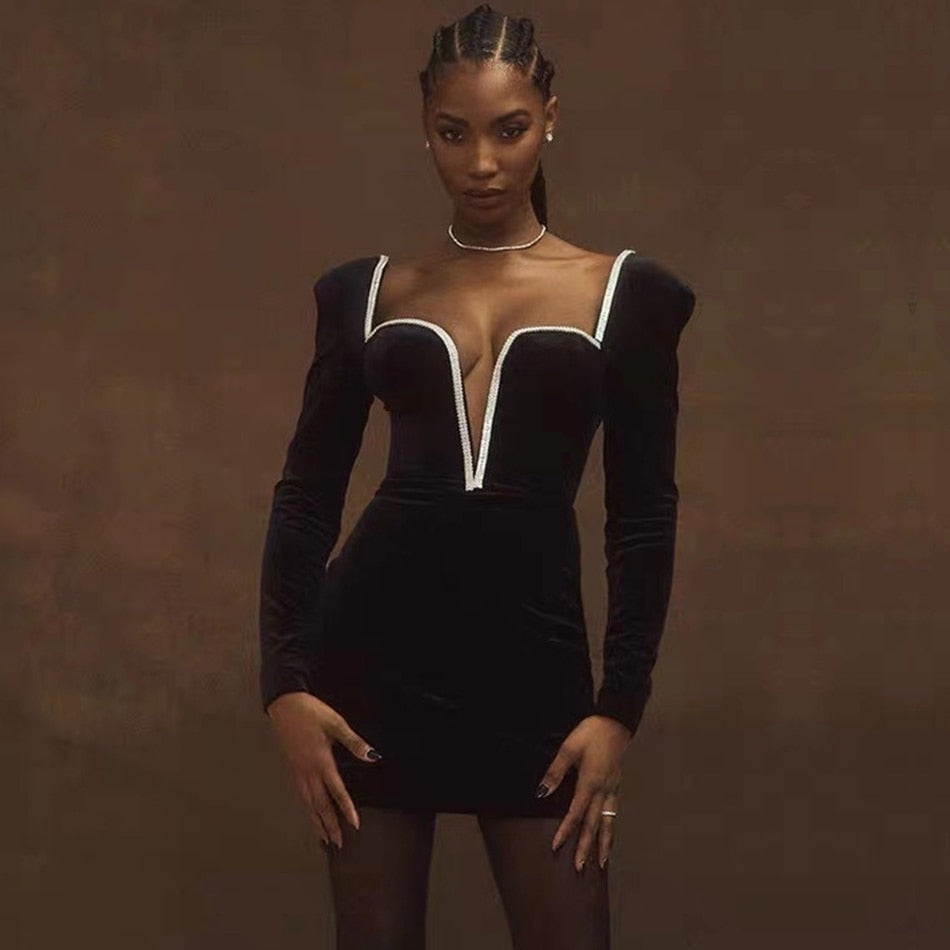 Winter Black Long Sleeve Deep V Neck Club Mini Dress Sexy Women Luxury Diamonds Celebrity Party Bodycon Dresses