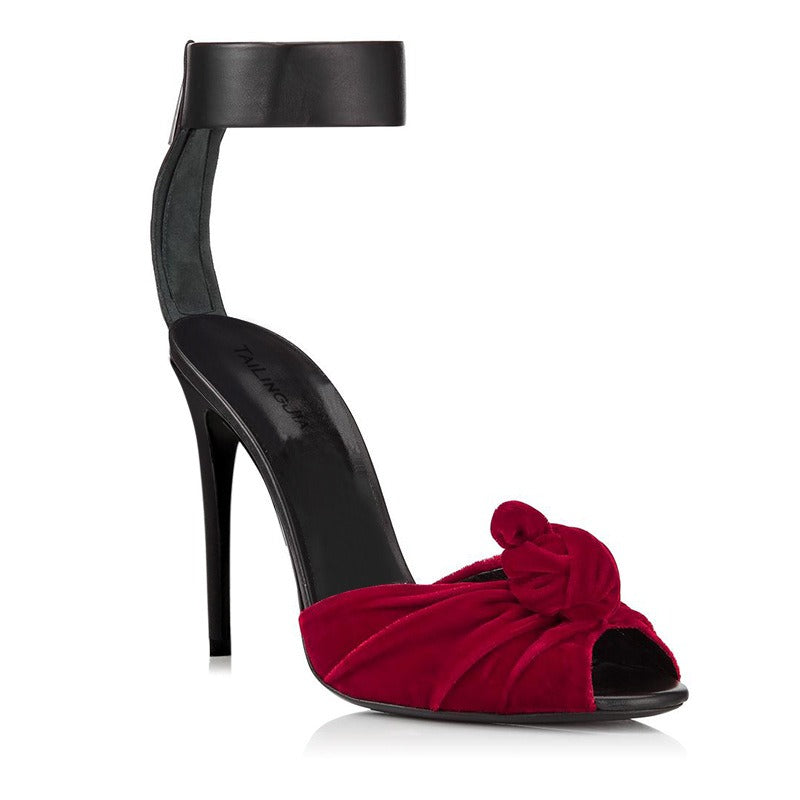 European and American Womens Red Black Velvet Knotted High Heels Sandals, Oversized Fashion Shoes