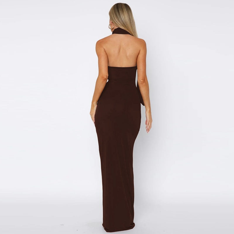 Solid Color Sleeveless Asymmetrical Neckline Ribbon Backless Long Dress