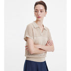 Hollow out breathing design spliced V-neck polo shirt, summer loose short sleeved knit shirt