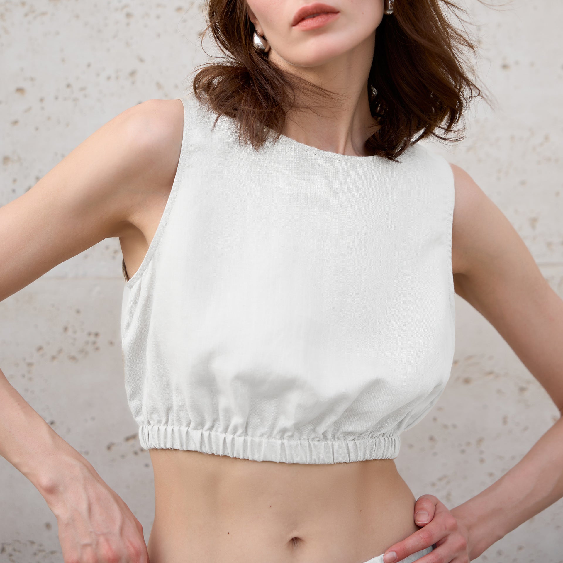 Tencel Linen Crop Top Women's Waist-Cinched Short Vest Style Linen Sleeveless Pullover