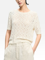 Elegant White Hollow Knit Short Sleeve Top for Women, Fashionable Lightweight and Breathable T-Shirt