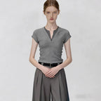 Short Sleeve T-Shirt Versatile Slim Fit  Gray V-Neck Sexy Knit Top