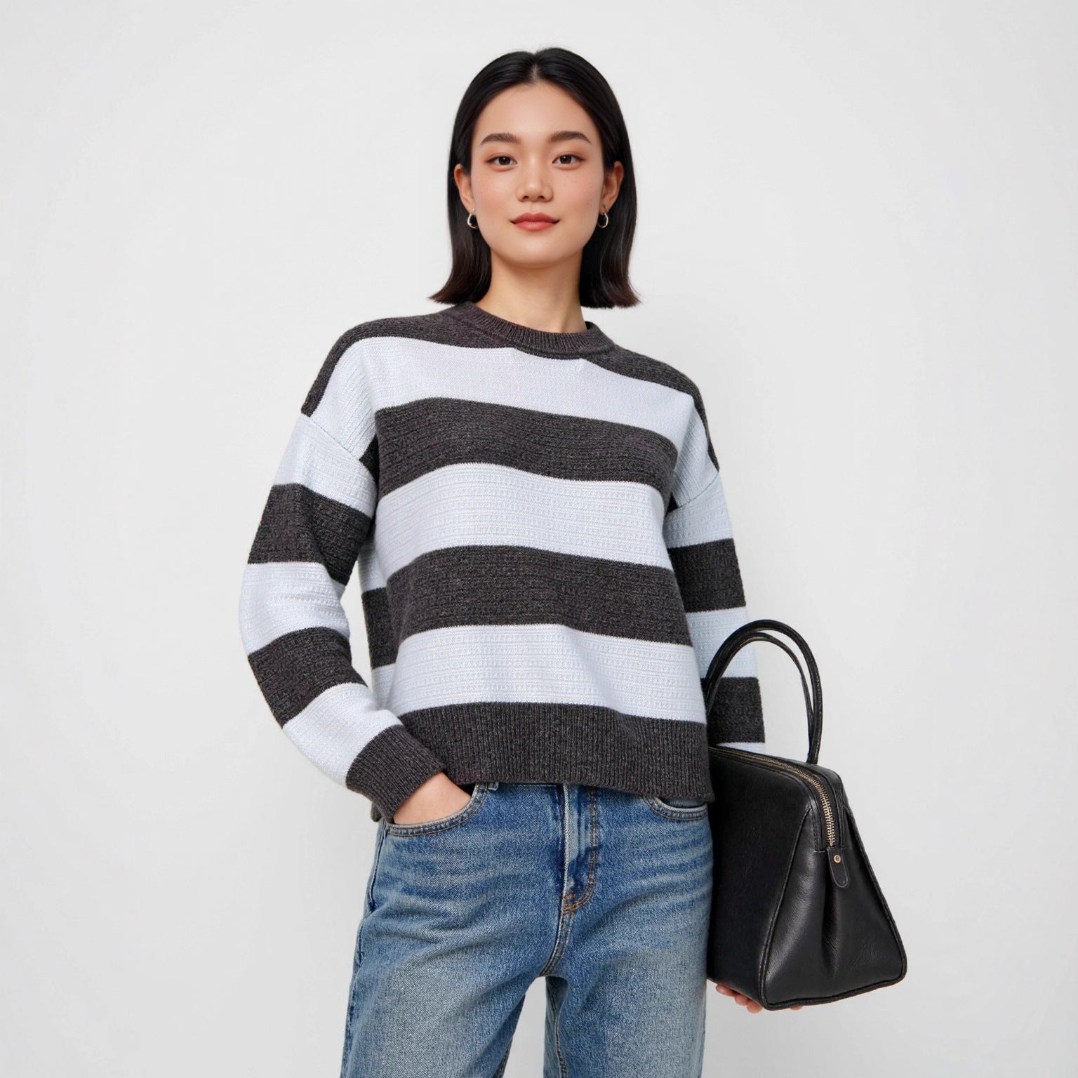 Thickened Wool Sweater Inner Retro Color Block Loose Lazy Striped Base Layer Top Women's Outer Knitted Sweater