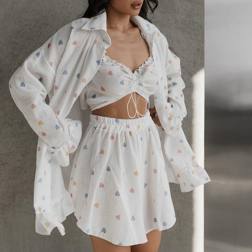 Cotton Sleepwear Set with Floral Print, Ruffled Trim, Long Sleeve Top Short Pants, Three-Piece Sweet Women's Loungewear