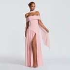 Style Solid Color Off-Shoulder High Slit Backless Long Dress