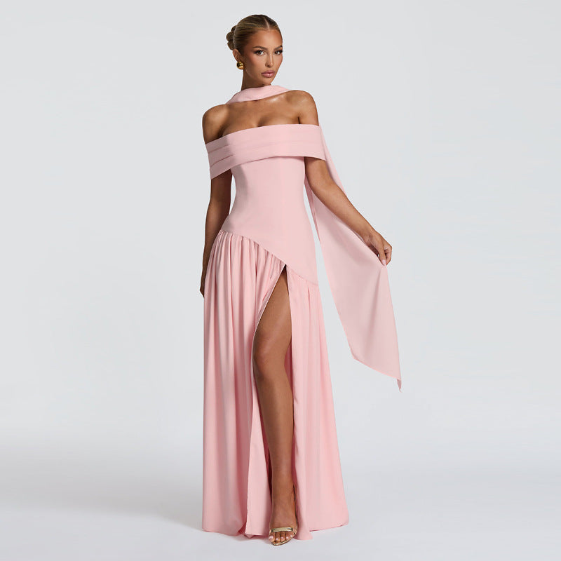 Style Solid Color Off-Shoulder High Slit Backless Long Dress