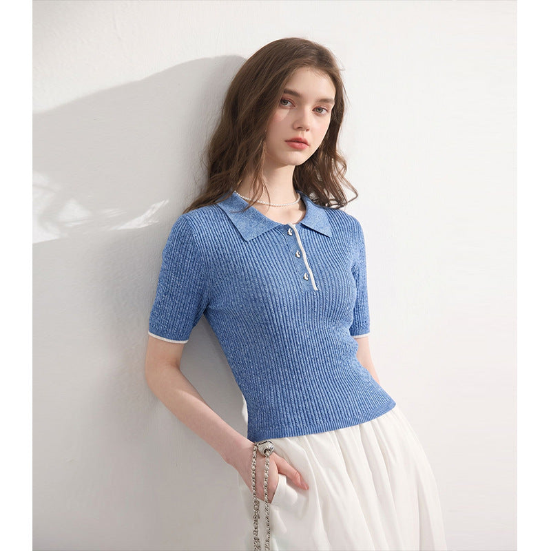 Minimalist Turn-Down Collar Short Sleeve Knit Top for Women Unique Design Style