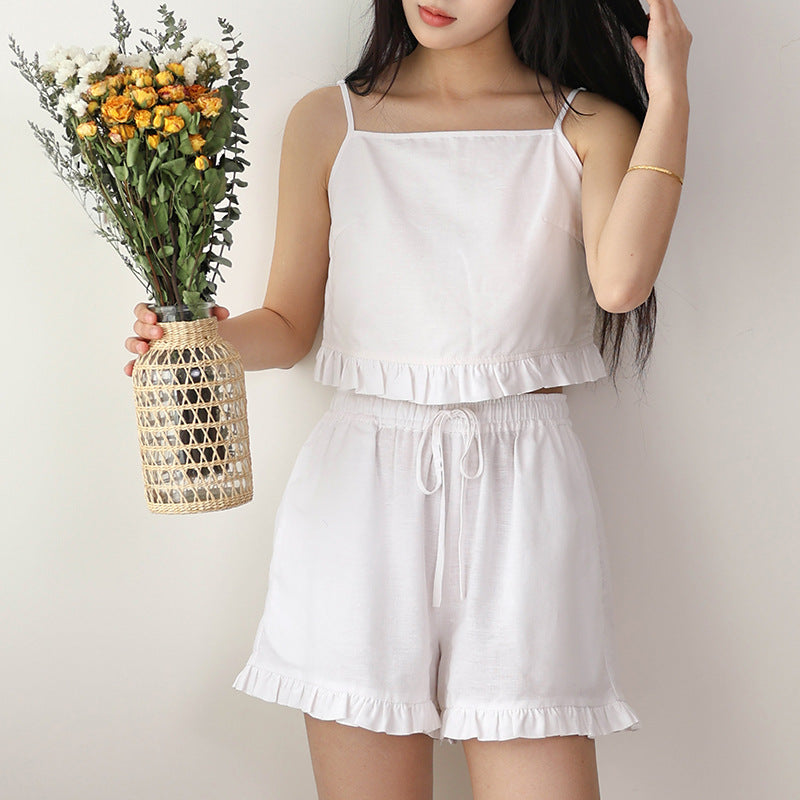 Linen Cotton Loungewear Set - Korean Style Lace Strap Top + Elastic Waist Shorts 2-Piece Set