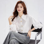 Elegant Luxury Turn-down Collar White Blouse for Women Spring Fashion Stylish Youthful Slim Fit Charming Top