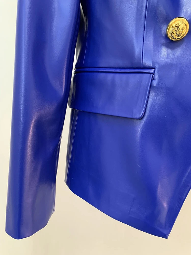 TOP QUALITY Newest Fashion 2023 Designer Jacket Women's Double Breasted Lion Buttons Slim Fitting Faux Leather Blazer