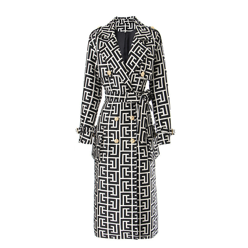 Coat Women's Loose Version Lace Up Spring And Autumn New Heavy Industry Coat Black And White Swastika Pattern
