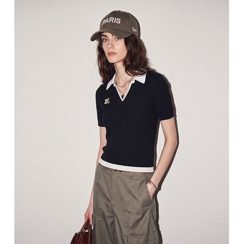 Chic Color-Blocked Slim Fit Knit Top for Women, Short Sleeve, Turn-Down Collar, Lightweight, Casual Black T-Shirt