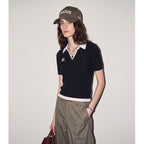 Chic Color-Blocked Slim Fit Knit Top for Women, Short Sleeve, Turn-Down Collar, Lightweight, Casual Black T-Shirt