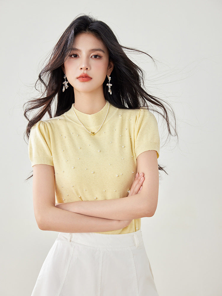 Chic Beaded Short Sleeve Knit Top for Women, Unique High Neck T-Shirt, French Style Elegant Blouse