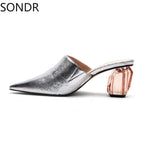 Womens Pointed Toe Leather Clear Stitching Snake Pattern Mules Crystal Heel Slippers Slides Shoes Sandals Summer Plus Size