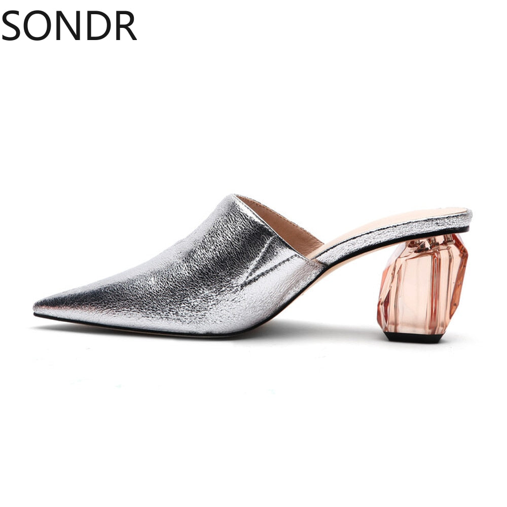 Womens Pointed Toe Leather Clear Stitching Snake Pattern Mules Crystal Heel Slippers Slides Shoes Sandals Summer Plus Size