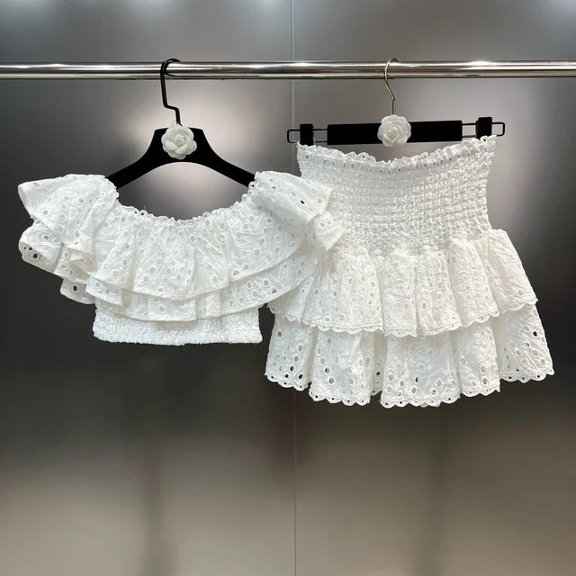 Embroidery Patchwork Two-piece Sets Summer New Square Collar Short Sleeve Ruffles T-shirt + Mini Skirts Elegant