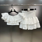 Embroidery Patchwork Two-piece Sets Summer New Square Collar Short Sleeve Ruffles T-shirt + Mini Skirts Elegant