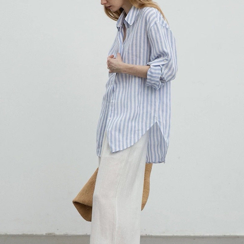 Lazy Comfortable Linen Color-Woven Relaxed Fit Stripe Shirt