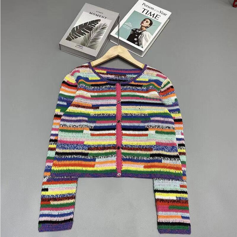 Sequined Striped Sweater Cardigans Women Luxury High Street Single Breasted Long Sleeve Designer  Vintage Elegant Traf Tops Pull