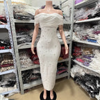 New Women's Sexy One-Shoulder Luxurious Beaded Long Bandage Dress Noble Style Evening Gown