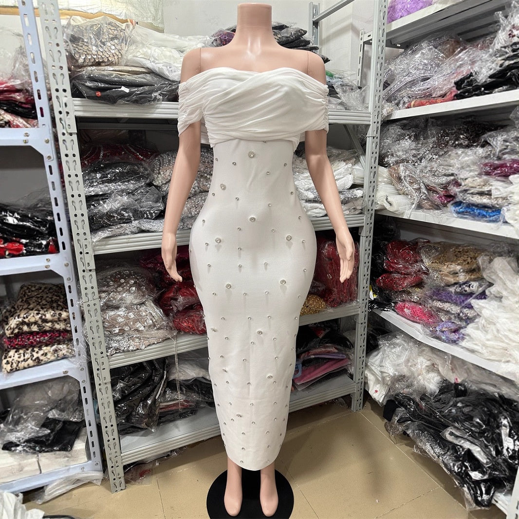 New Women's Sexy One-Shoulder Luxurious Beaded Long Bandage Dress Noble Style Evening Gown