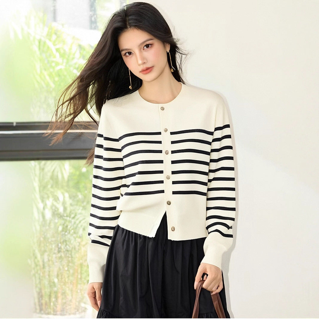 Casual Color-block Stripe Knit Cardigan Women French Chic Style Loose Fashion Versatile Top