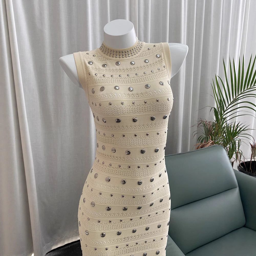Blue Yinying Style S Brand French Classic Hepburn Style Embellished Stud Ruffle Hem Dress Evening Gown
