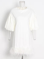 Casual Dresses For Women O Neck Lantern Sleeve High Waist Feathers Pullover Chic Style Dress Female New Summer