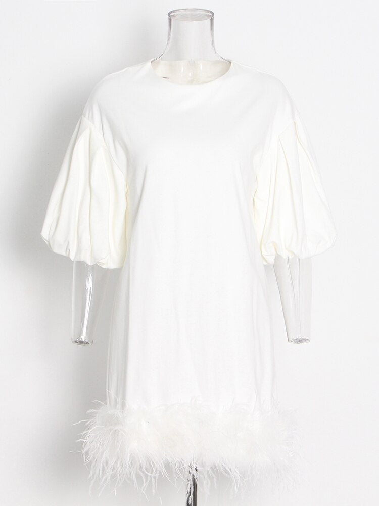 Casual Dresses For Women O Neck Lantern Sleeve High Waist Feathers Pullover Chic Style Dress Female New Summer