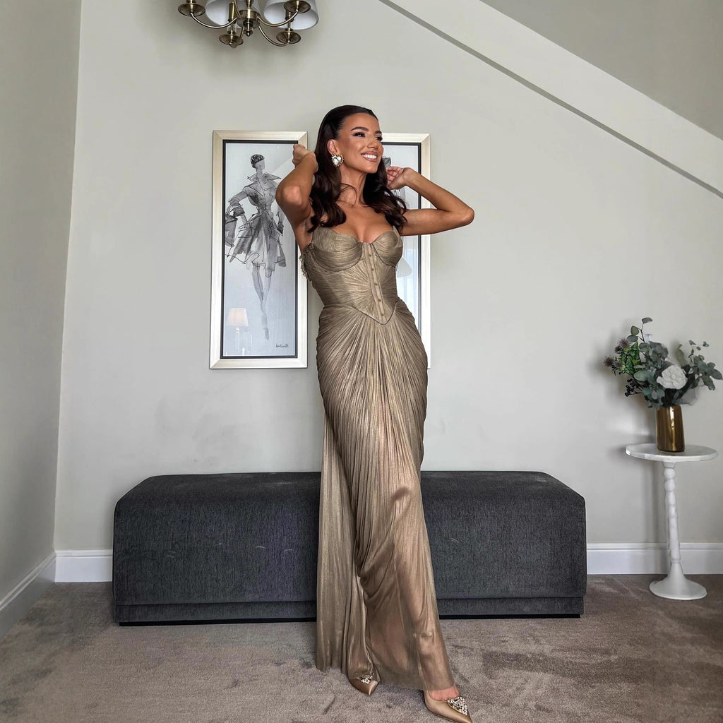 Pleated Gold Foil Tie-up A-line Dress for Casual Party with Slit Design