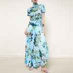 Designer Floral Pattern Women Two Piece Sets Summer Stand Collar Elastic Tops Slimy Tee Pleated Maxi Skirt