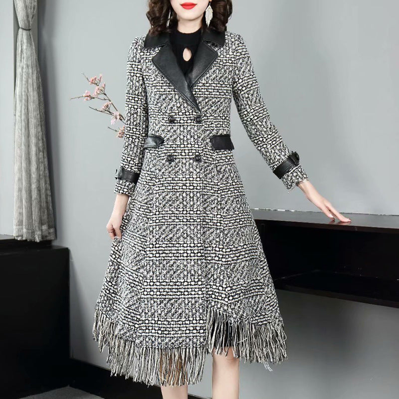 PU Leather Lapel Long Sleeve Double Breasted Waist Irregular Plaid Coat Jacket Women's New Early Autumn