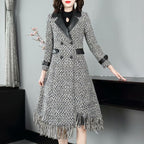 PU Leather Lapel Long Sleeve Double Breasted Waist Irregular Plaid Coat Jacket Women's New Early Autumn