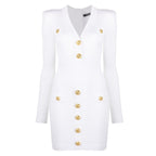 White Short-Sleeved Gold Four-Button Small V-Neck Sexy Waist Summer Knitted Dress Is Elastic And Gentle Light Luxury