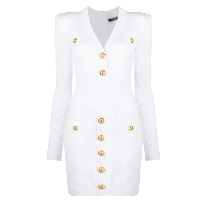White Short-Sleeved Gold Four-Button Small V-Neck Sexy Waist Summer Knitted Dress Is Elastic And Gentle Light Luxury