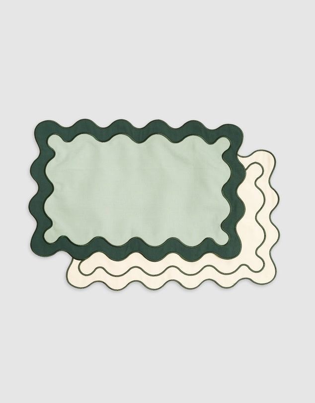 Linen Table Placemat Set with Embroidered Scalloped Edges