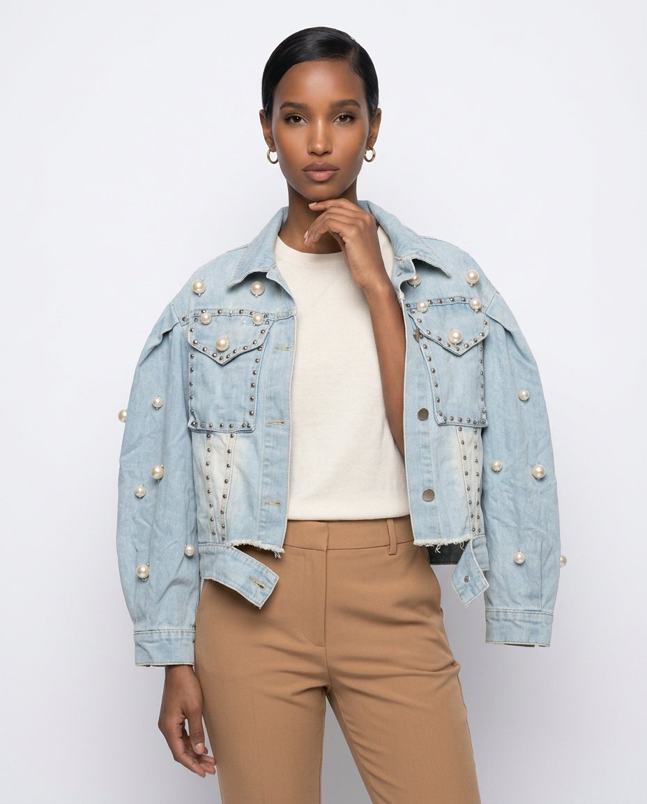 Pearl & Stud Embellished Denim Jacket-0