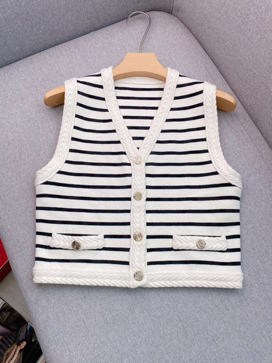 Striped knit vest+A-line skirt V-neck patchwork short top