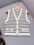 Striped knit vest+A-line skirt V-neck patchwork short top