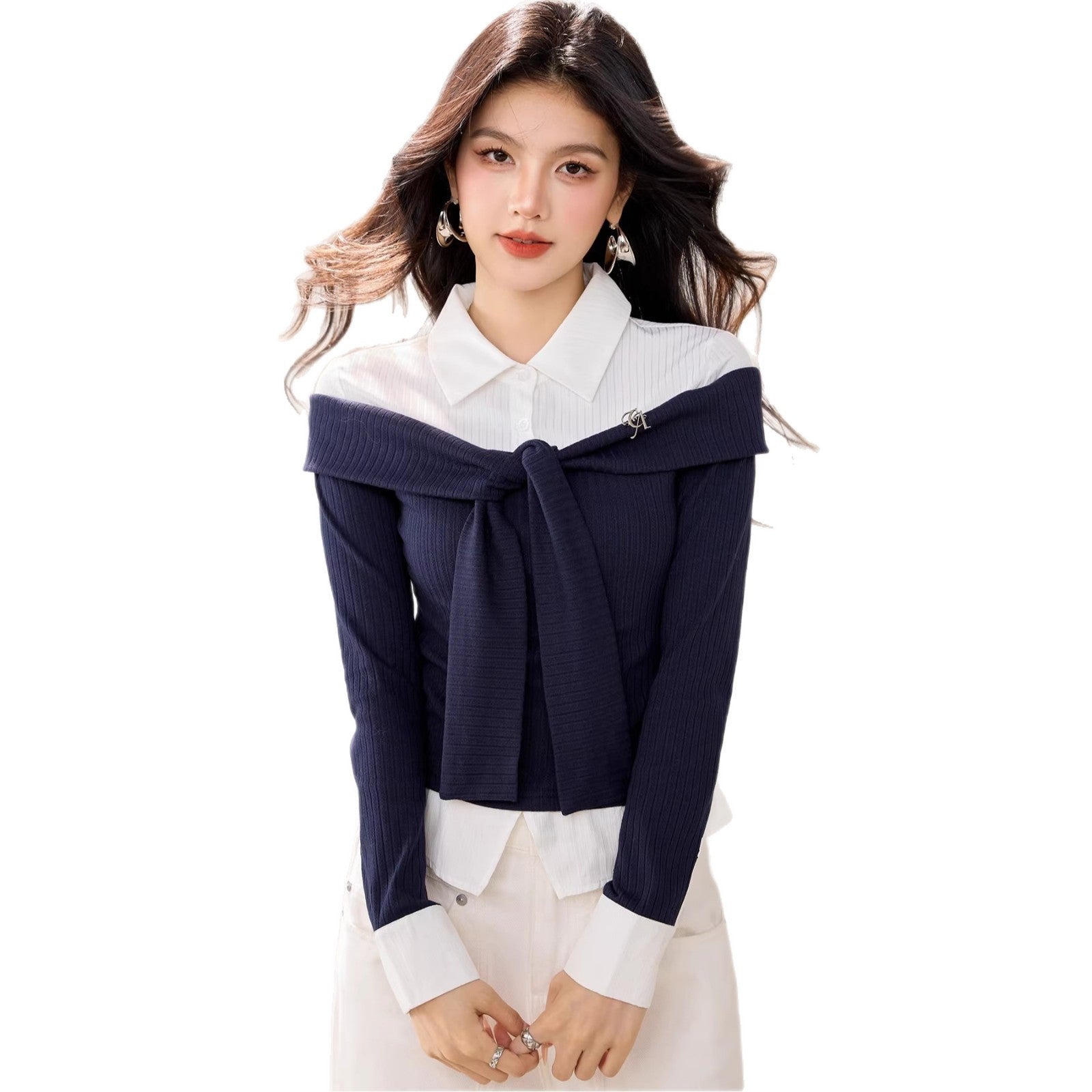 Stylish Stripe Polo Neck Faux Two-Piece Knit Top for Women Long Sleeve Basic Short Top