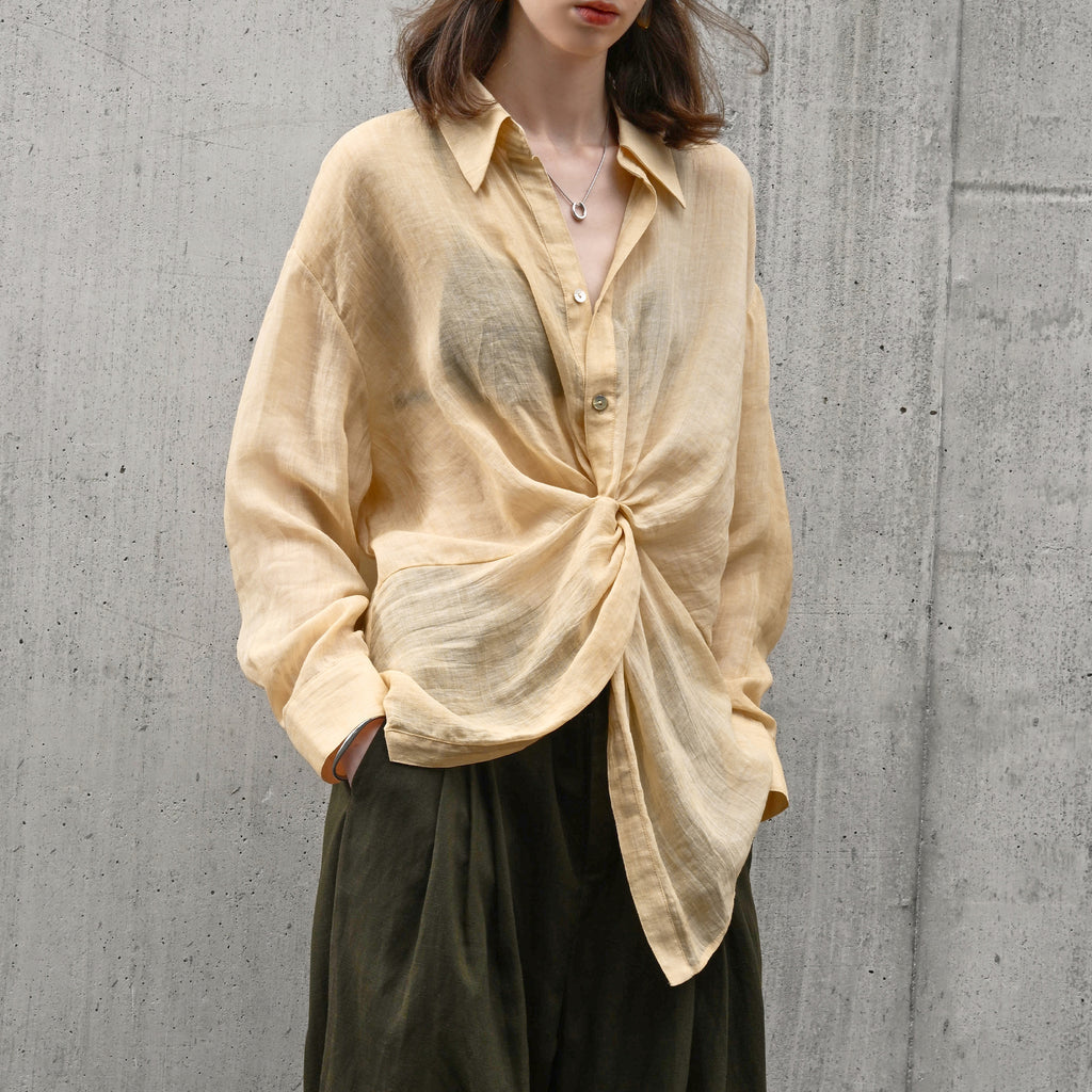 Elegant Pure Ramie Blouse Women's Unique Twist Waist Design Shirt Lightweight Breathable Top Cardigan