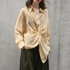Elegant Pure Ramie Blouse Women's Unique Twist Waist Design Shirt Lightweight Breathable Top Cardigan