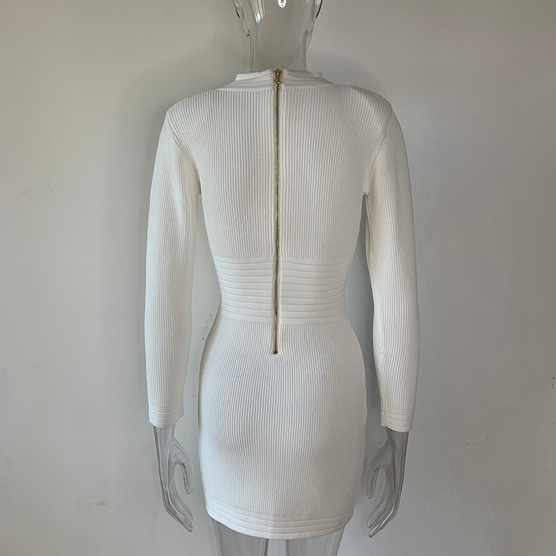 White Short-Sleeved Gold Four-Button Small V-Neck Sexy Waist Summer Knitted Dress Is Elastic And Gentle Light Luxury