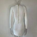 White Short-Sleeved Gold Four-Button Small V-Neck Sexy Waist Summer Knitted Dress Is Elastic And Gentle Light Luxury
